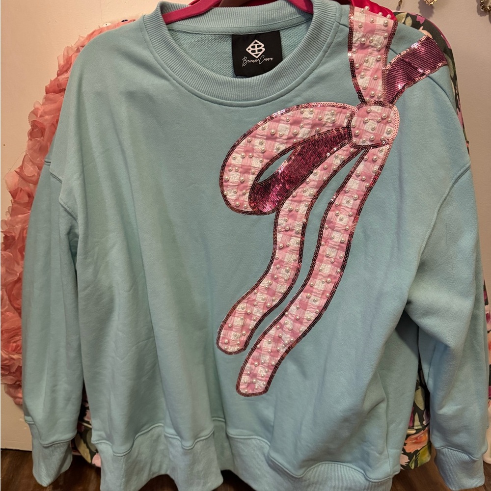 BRIANNA CANNON ROBIN EGG GINGHAM BOW SWEATSHIRT